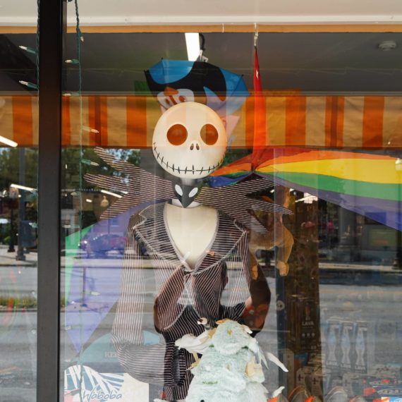 Large scale model of Jack Skellington in a toy store window