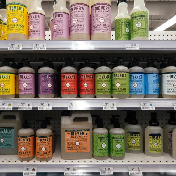 Mrs. Meyers hand soaps fill the shelves of an ACE Hardware Store