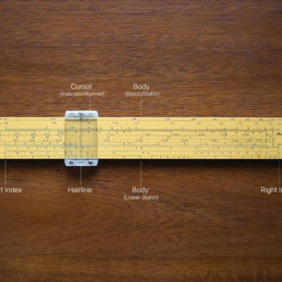 Digram with parts of a slide rule that includes cursor, hairline, body, brace, index and slide