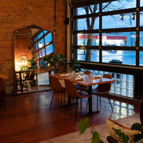 Interior of restaurant at the blue hour