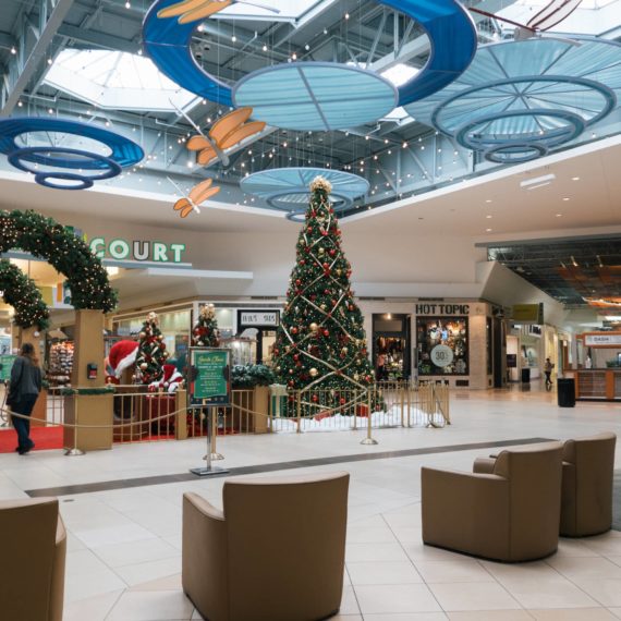 Christmas tree in the middle of a mall that isn't doing very well