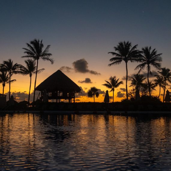 Sunset across pool with palm trees and thatched hut