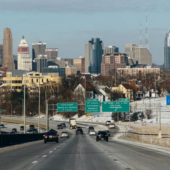 Cincinnati as seen by the cut in the hill on I-75 South in Covington, Kentucky