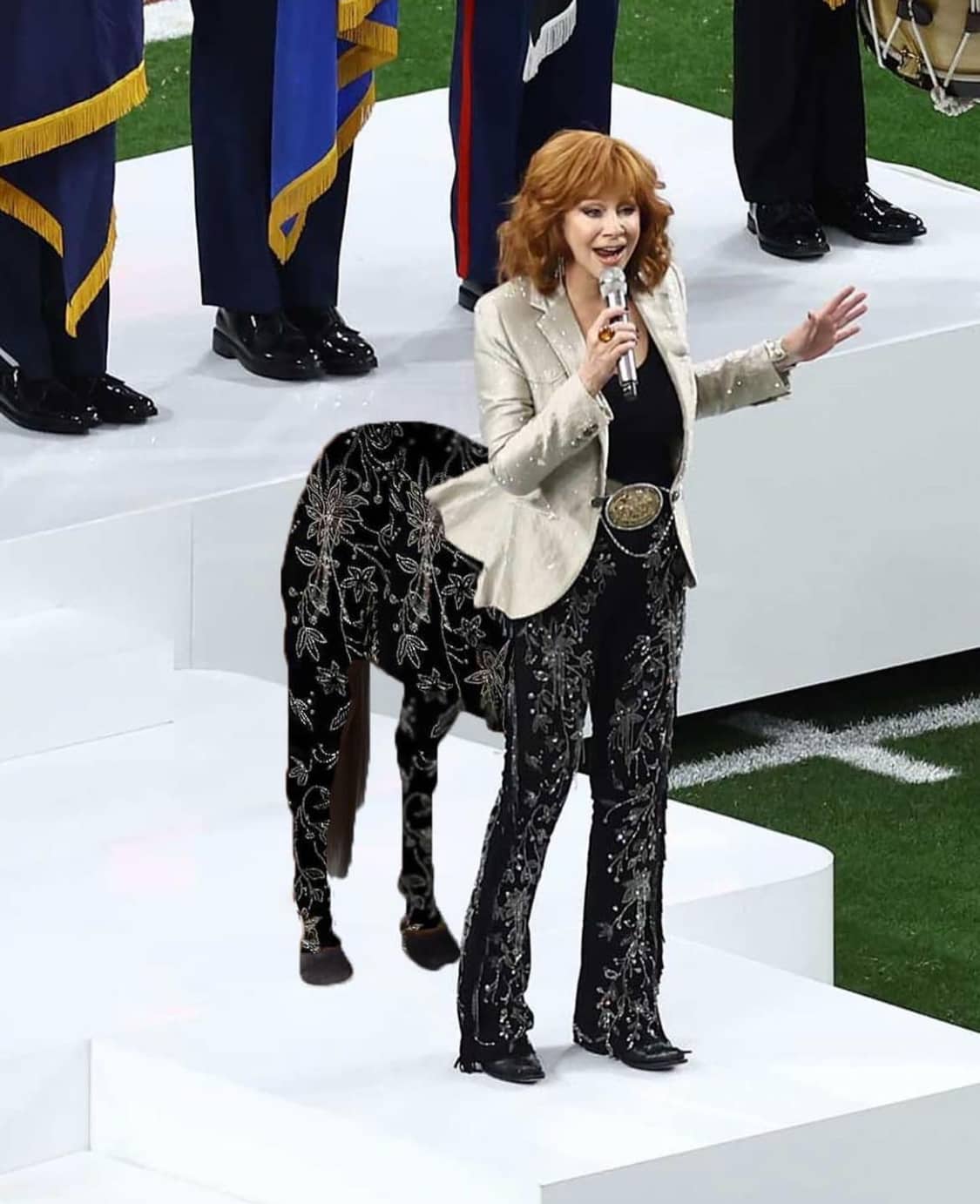 Reba McIntire, centaur of Superbowl 