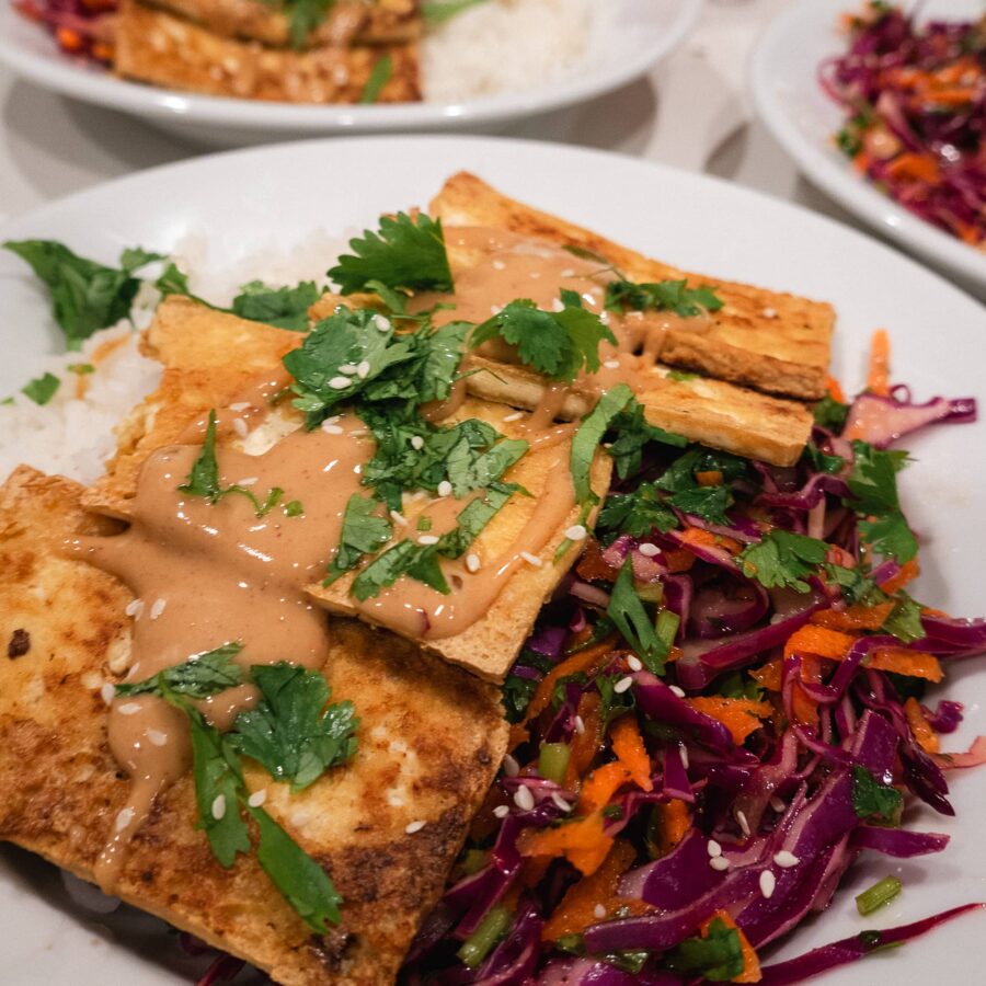 Tofu with Peanut Sauce and Cabbage Slaw