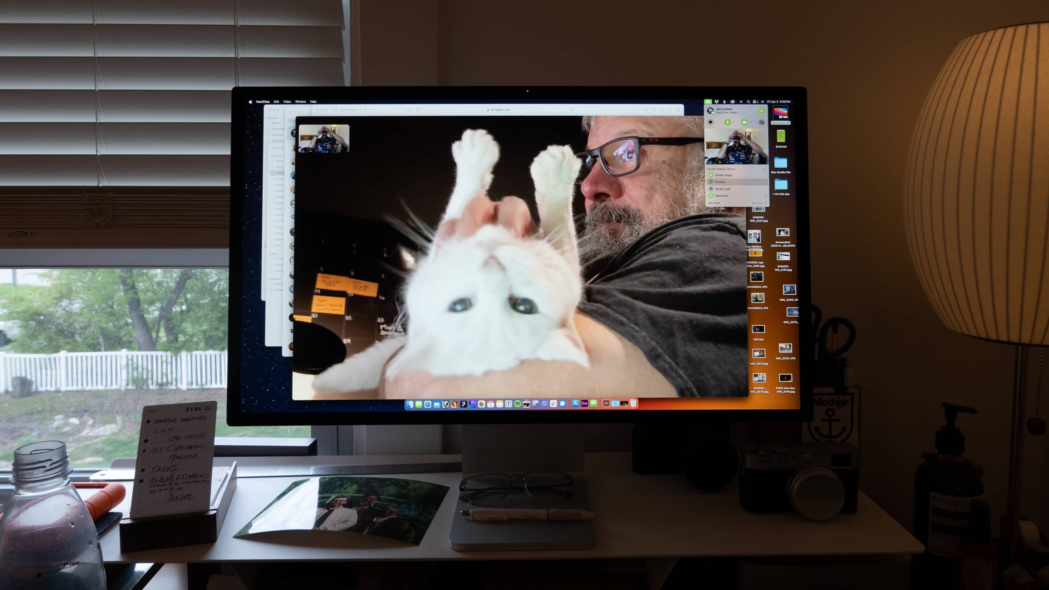 Facetime with man and white cat on desktop computer