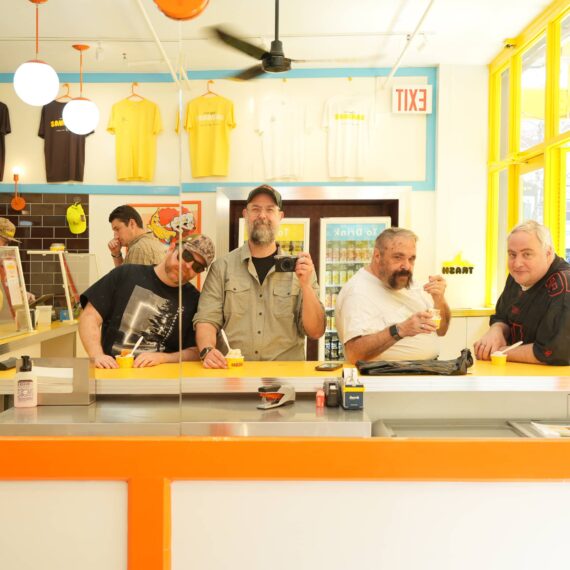 Men at counter at Morgensterns Bananas