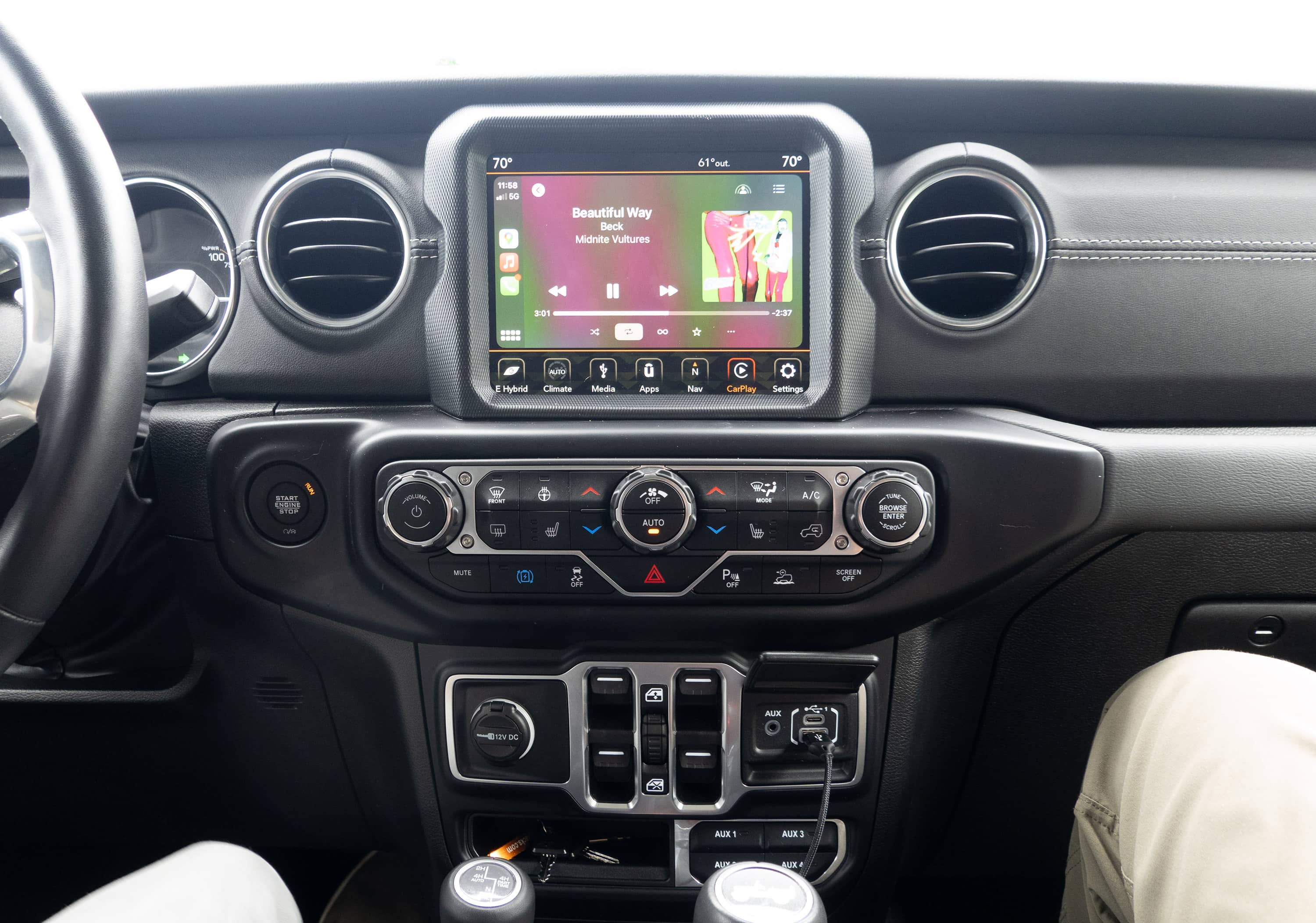 Jeep interior with Beck playing on the radio