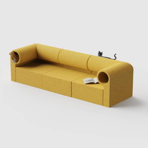 Yellow couch with cat tunnel